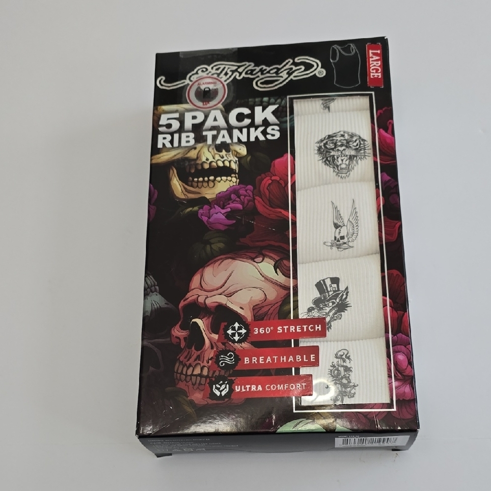 NIB Ed Hardy Men's 5 Pack Rib White Tanks   Stretch Size Large